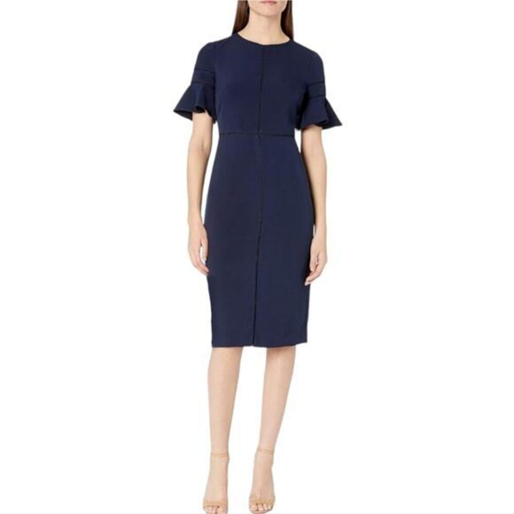 Maggy London Navy Blue Dream Crepe Sheath Dressβ Tulip Ruffle Shirt Sleeves 12